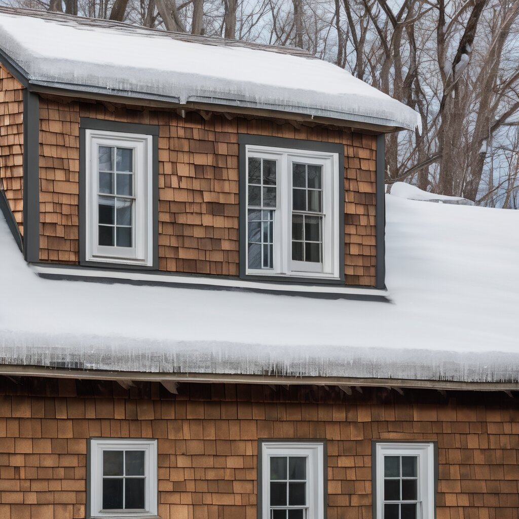 Asphalt shingle roof with snow and ice accumulation on cape house, winter conditions, New England