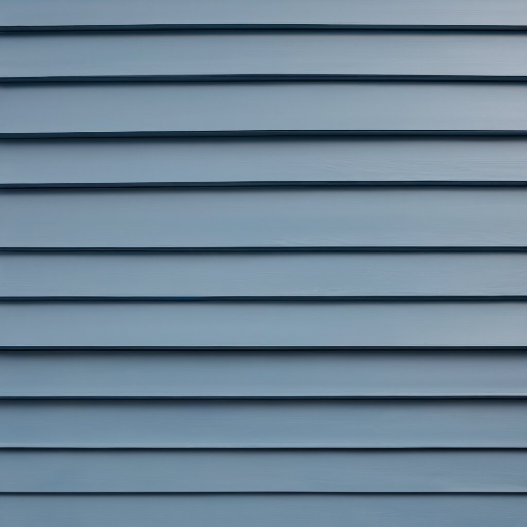 Blue-gray horizontal vinyl siding with dark trim lines and shadow detail