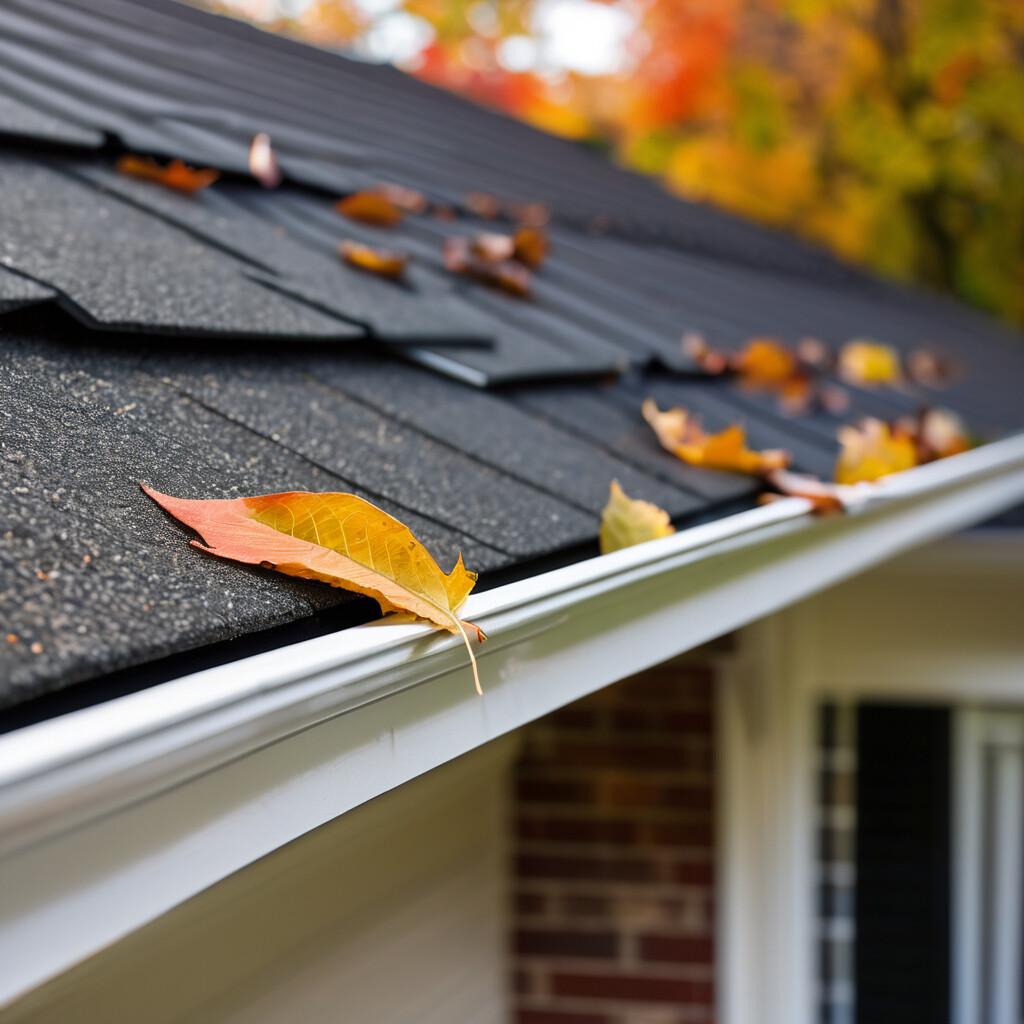Close detail of white seamless K-style gutter with hidden hangers under dark asphalt shingles, autumn leaves nearby