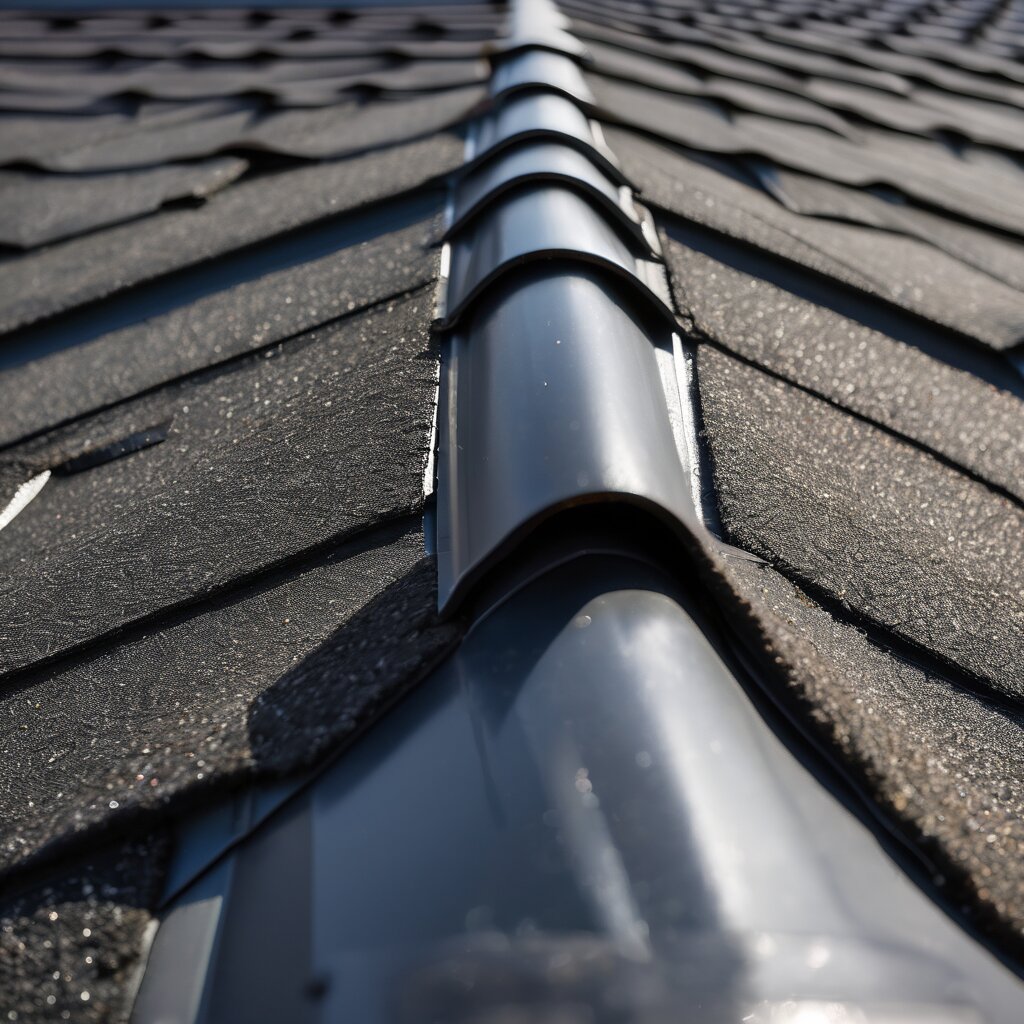 Close-up of white roof ridge vent and dark asphalt shingles