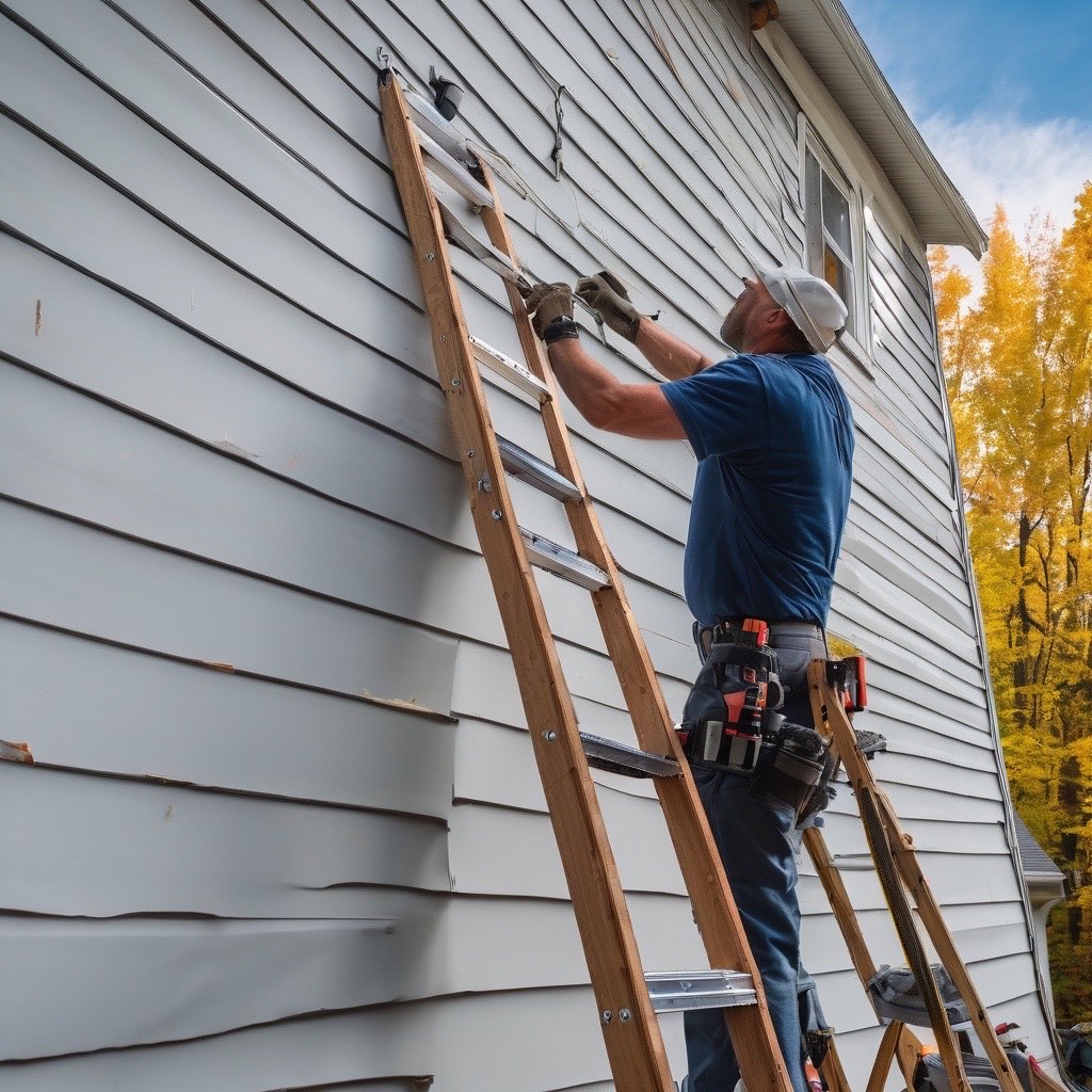 Contractor on ladder fastening vinyl siding panels to residential house wall