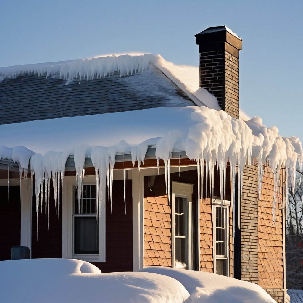 Residential house with severe ice dam formation, icicles, and heavy snow accumulation on the roof edge