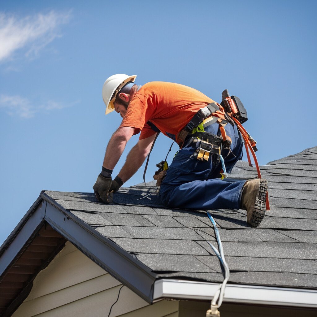 Roofer in full safety harness and protective gear installing architectural asphalt shingles on a pitched residential roof, showing proper work procedures
