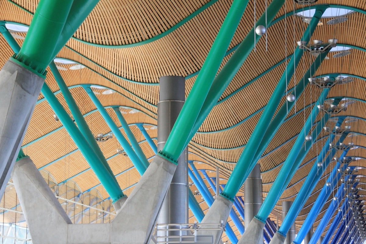 Commercial roof structure with clay tiles and green steel support beams