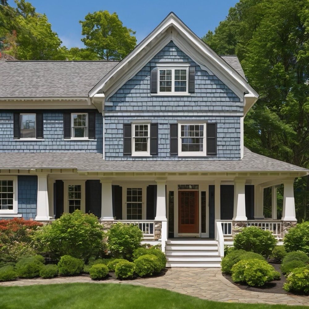Traditional colonial home with cedar shake siding and mature trees, showing how materials age in New England climate