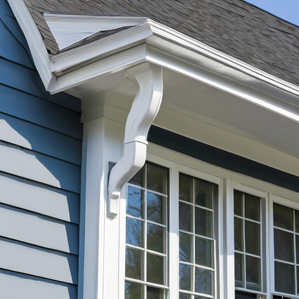 White aluminum gutter system with decorative bracket on blue clapboard house